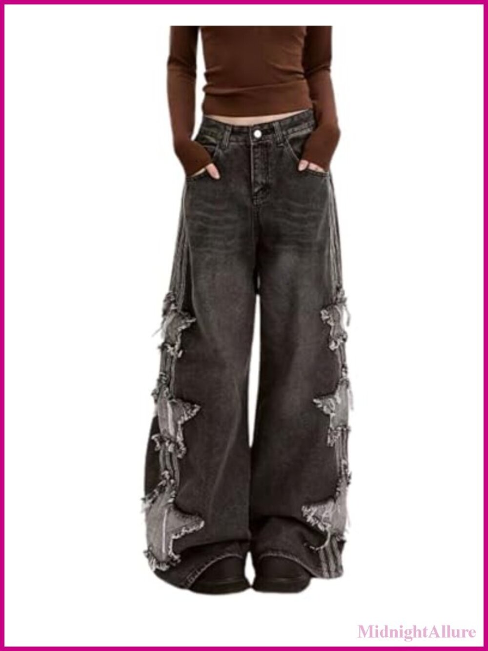 High Rise Baggy Wide Leg Star Patchwork Denim Jeans Y2K Streetwear